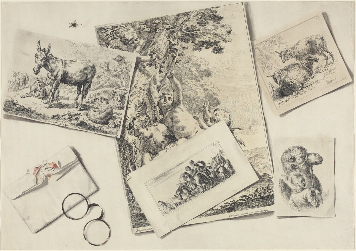 Trompe l'Oeil: Old Prints, a Torn Envelope with Horn-rimmed Glasses, and a Housefly by Jean-Pierre-Xavier Bidauld after Various Artists
