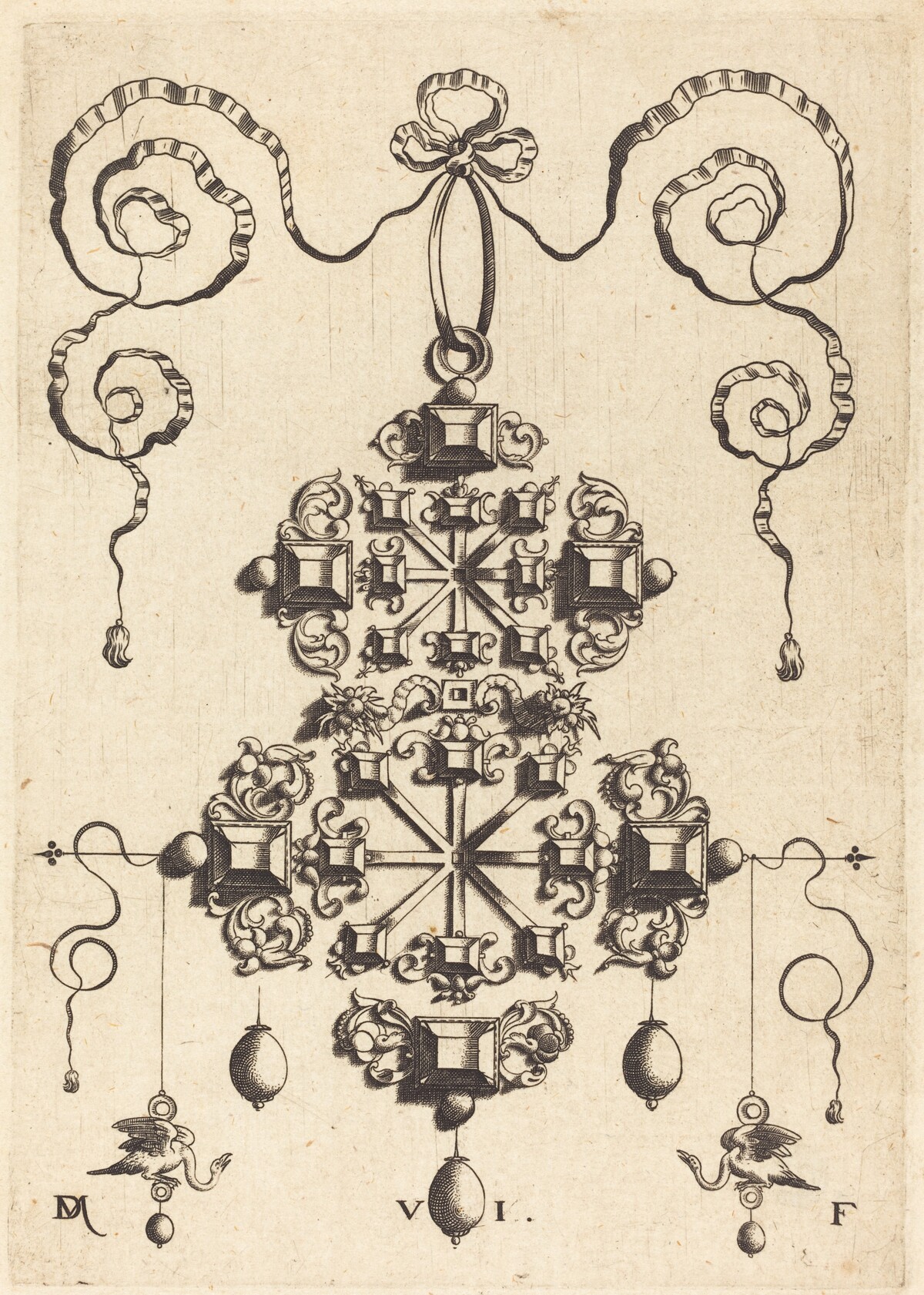Large Pendant with Two Double Crosses, Surrounded by Six Large and Sixteen Small Table-Stones by Daniel Mignot