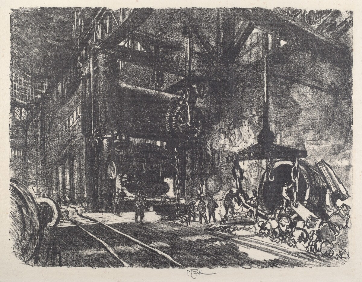 In the Land of Brobdingnag, the Armour Plate Bending Press by Joseph Pennell