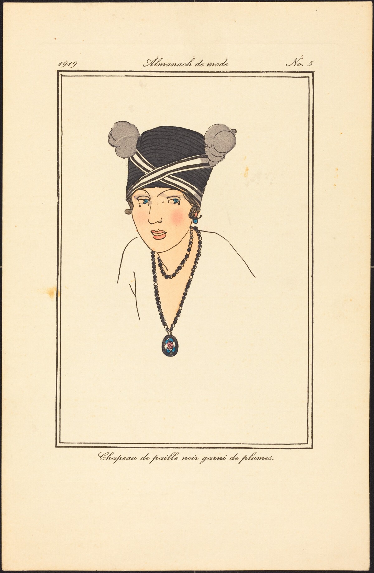 Chapeau de paille noir garni de plumes. by French 20th Century