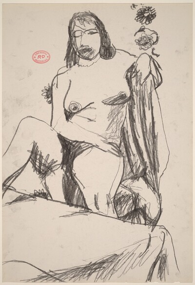 Untitled [seated female nude with arm over draped chair back]
