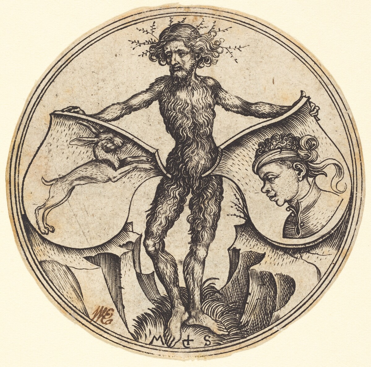 Shields with Rabbit and Moor's Head, Held by Wild Man by Martin Schongauer