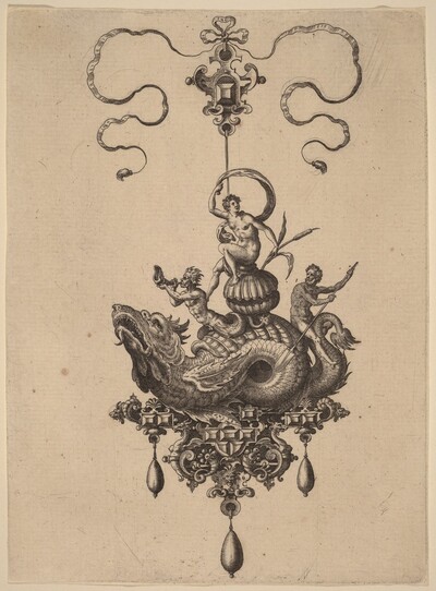Design for a Pendant with Sea-Monster Carrying a Woman on a Shell Flanked by a Triton and a Man with an Oar