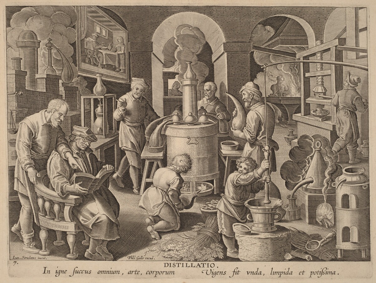 Distillatio (Distillation) by Workshop of Philip Galle after Jan van der Straet