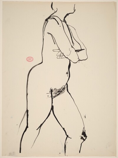 Untitled [nude with her arms crossed stepping forward]