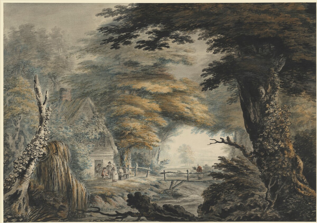 Wooded Landscape with Figures outside a Cottage by Amelia Noel