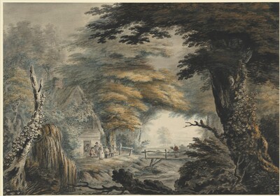 Wooded Landscape with Figures outside a Cottage