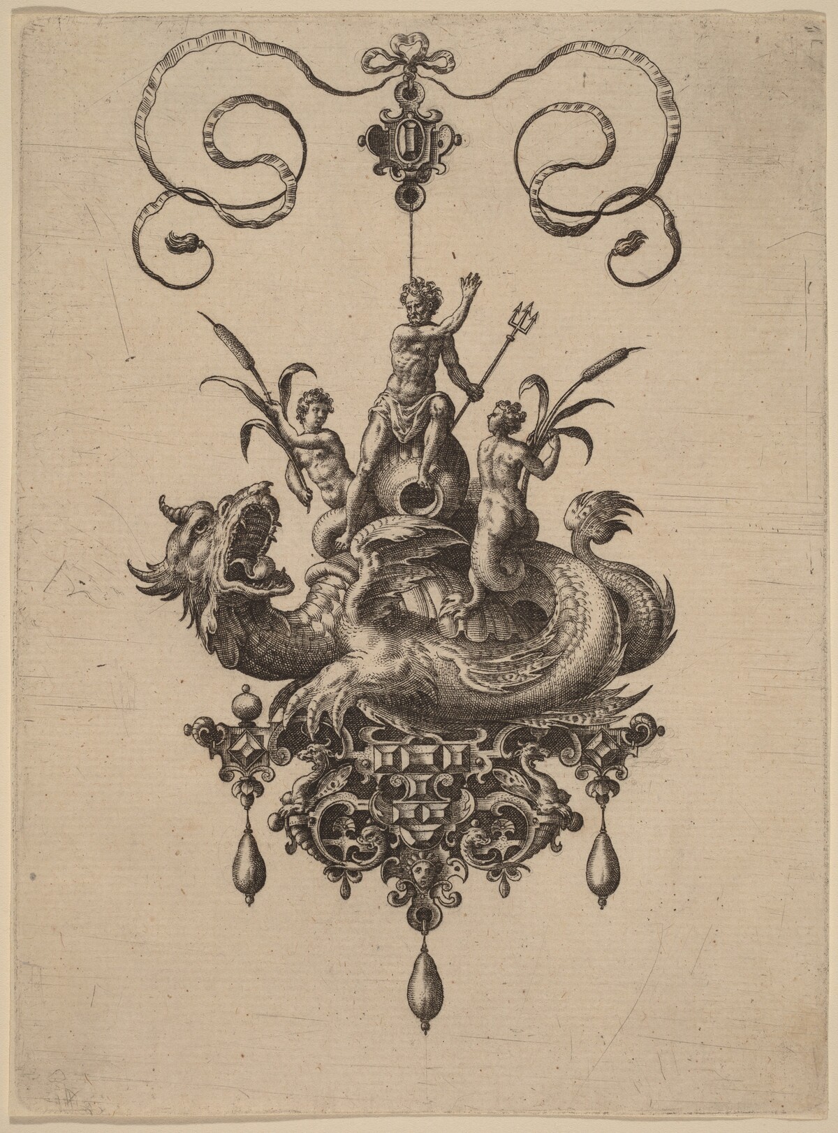 Design for a Pendant with a Sea-Monster Carrying Neptune Flanked by Two Nereids by Hans Collaert the Elder
