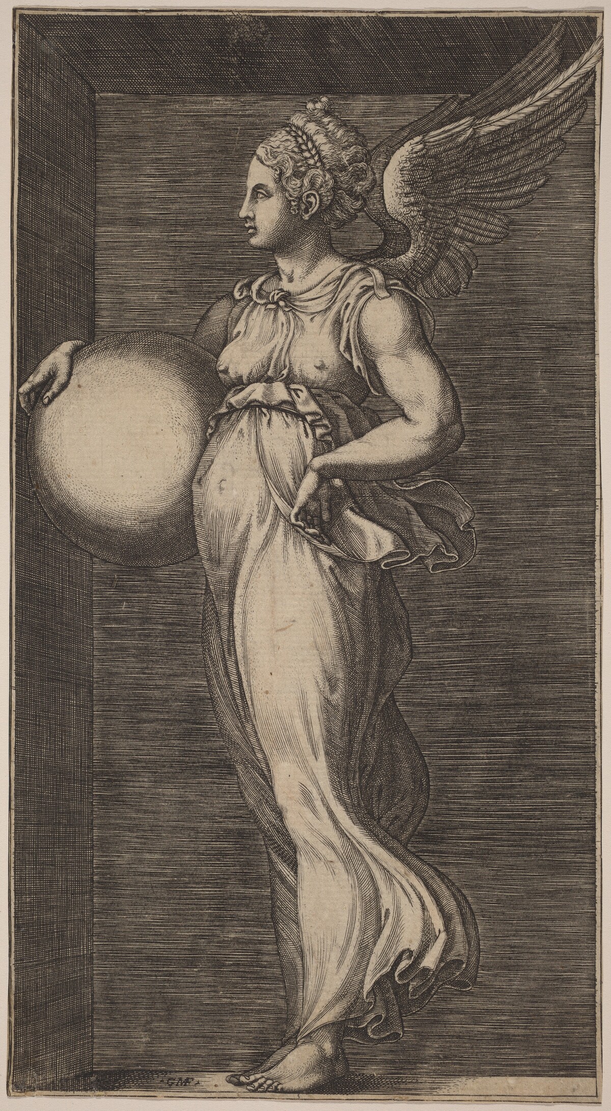 Allegorical Figure Holding a Sphere by Giorgio Ghisi possibly after Giulio Romano