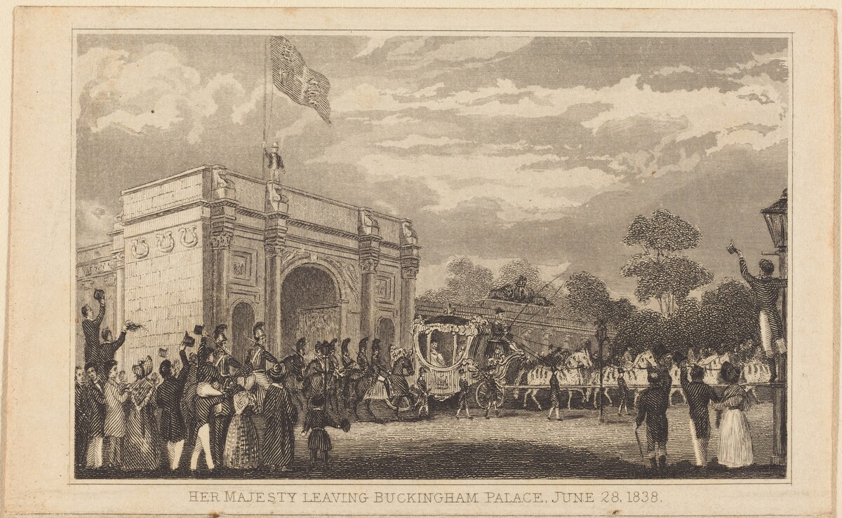 Her Majesty Leaving Buckingham Palace, June 28, 1838 [left half] by British 19th Century