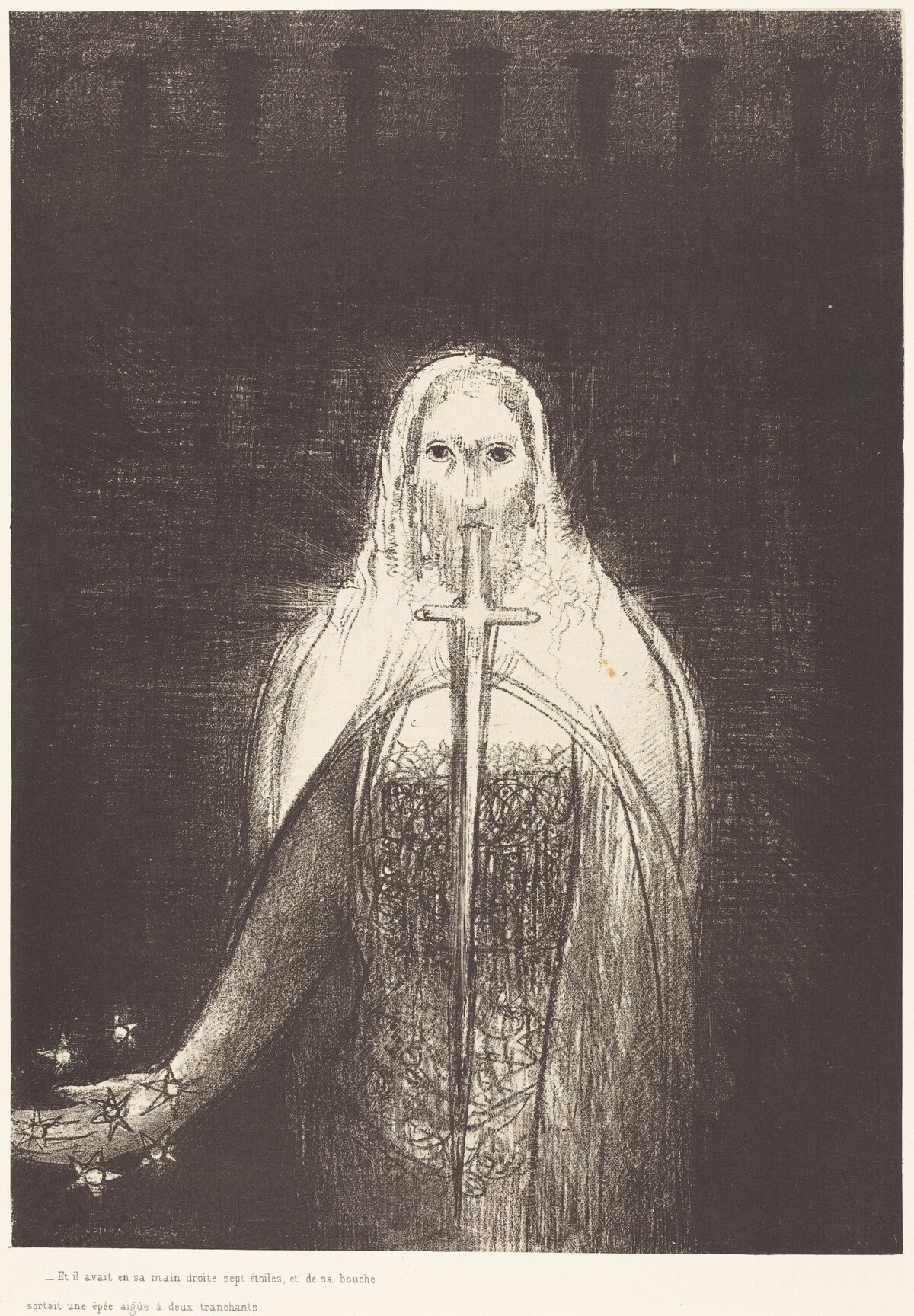 Et il avait dans sa main droit sept etoiles, et de sa bouch sortait une epee aigue a deux tranchants (And he had in his right hand seven stars; and out of his mouth went a sharp two-edged sword) by Odilon Redon