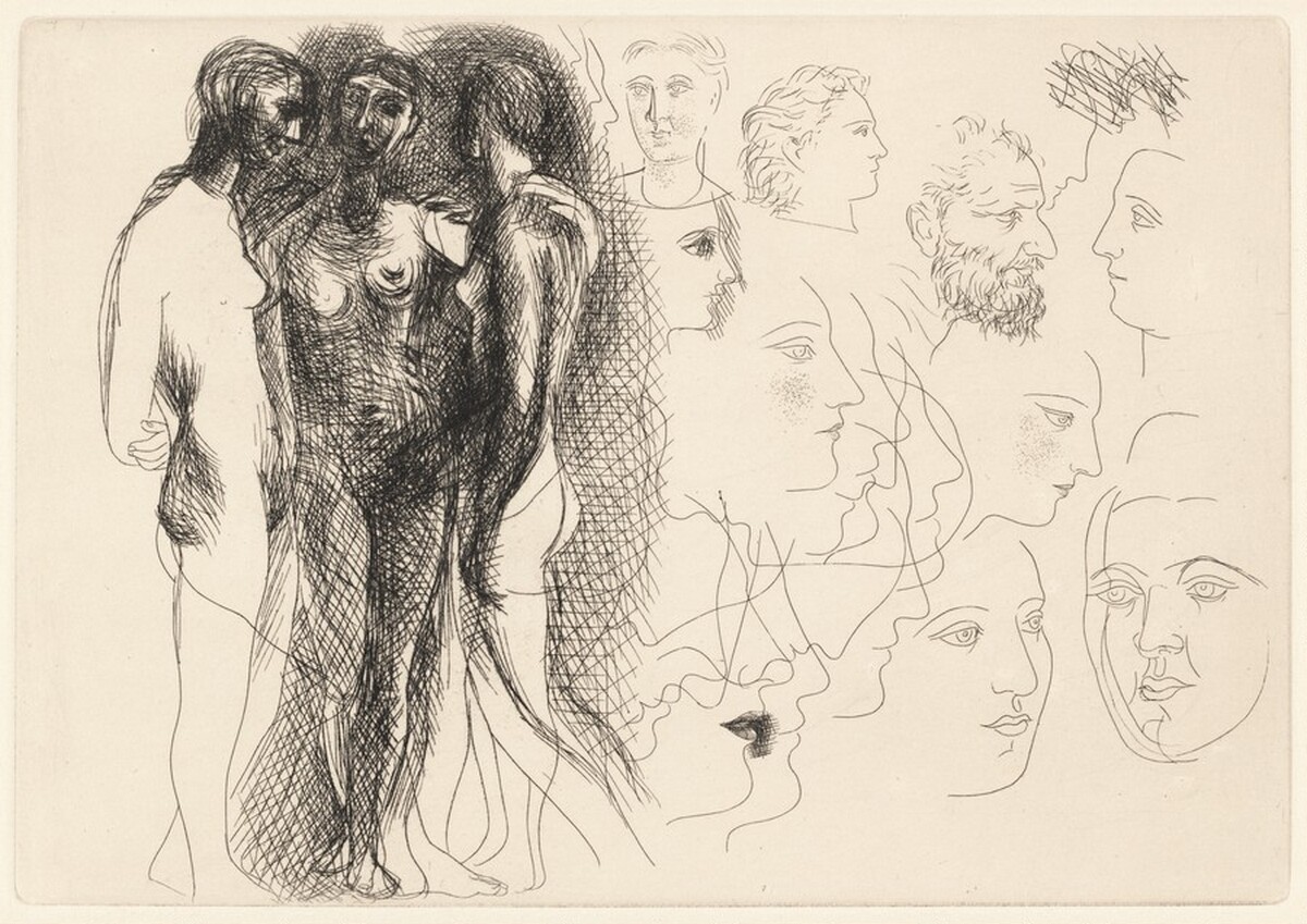 Trois nus debout, avec esquisses de visages (Three Standing Nudes with Sketches of Faces) by Pablo Picasso, Honoré de Balzac (author)