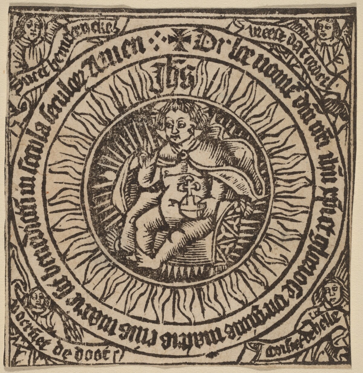 Divine Infant with the Globe in a Circle  with Four Angels by Netherlandish 15th Century