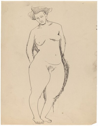 Standing Female Nude, Arms Behind Back, Gazing Down to Right