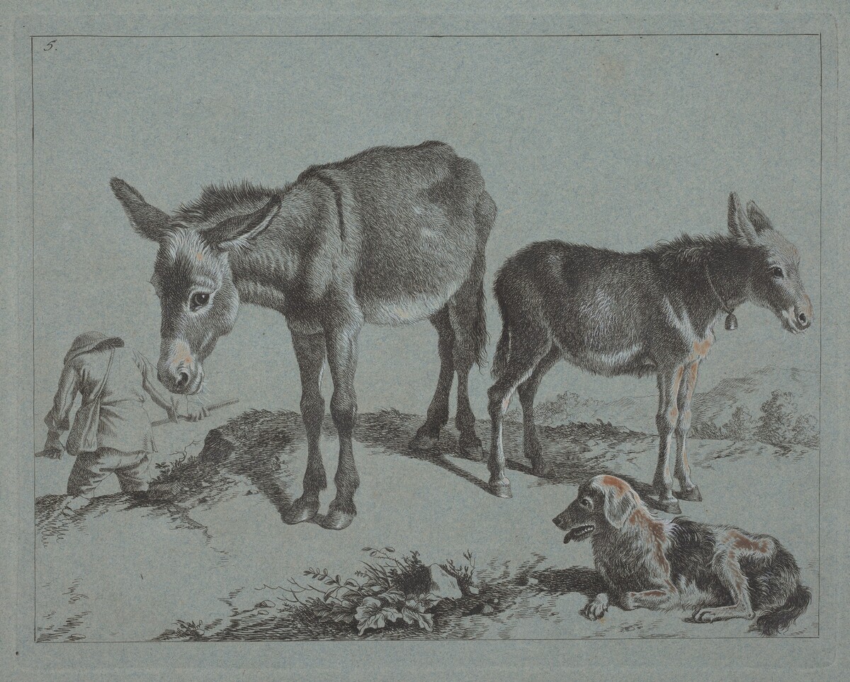 Donkey with her Foal, a Dog, and a Peasant Man by Francesco Londonio
