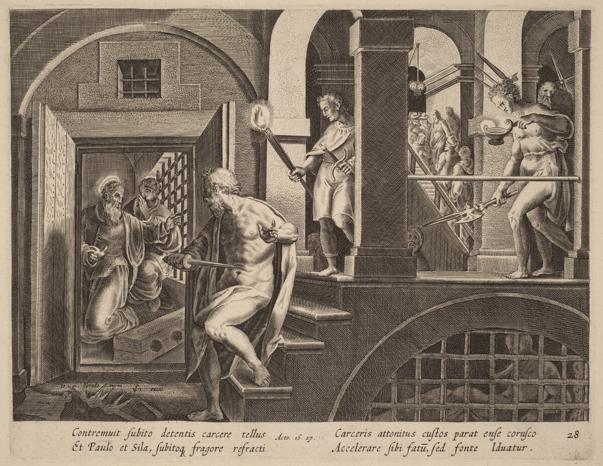 The Jailer about to Kill Himself, Converted by Saint Paul by Philip Galle after Jan van der Straet