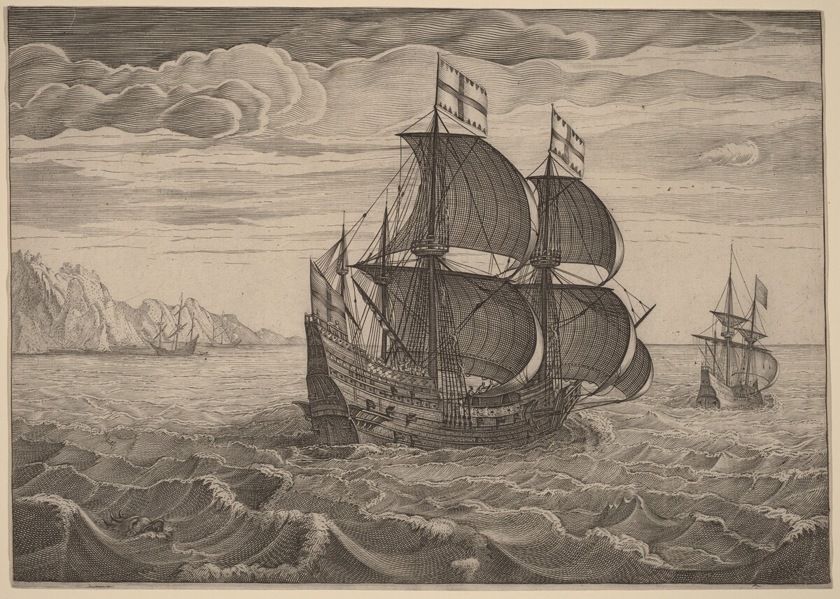 Ship in Full Sail with Two Flags by Follower of Pieter Bruegel the Elder