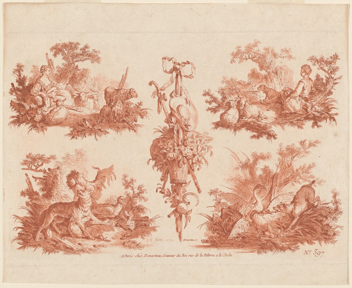 Two Pastoral Vignettes, Two Hunting Vignettes, and a Trophy by Gilles Demarteau, the Elder and Jean-Baptiste Hüet, I