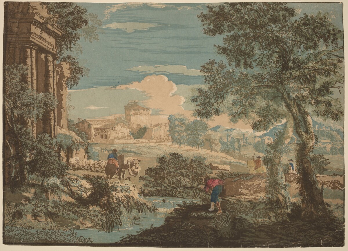 Heroic Landscape with Fisherman, Cows, and Horsemen by John Baptist Jackson after Marco Ricci