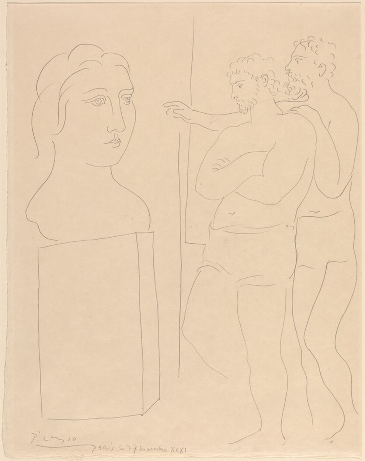Two Men Contemplating a Bust of a Woman's Head by Pablo Picasso