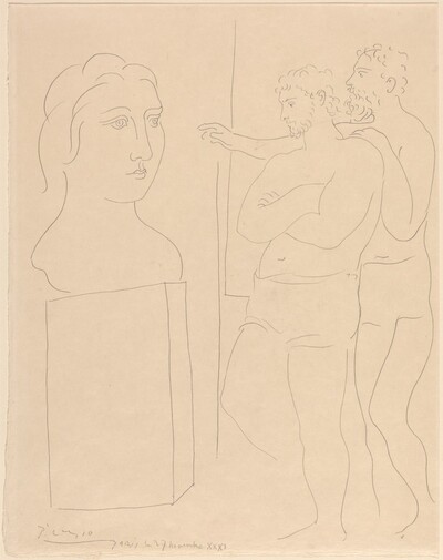 Two Men Contemplating a Bust of a Woman's Head