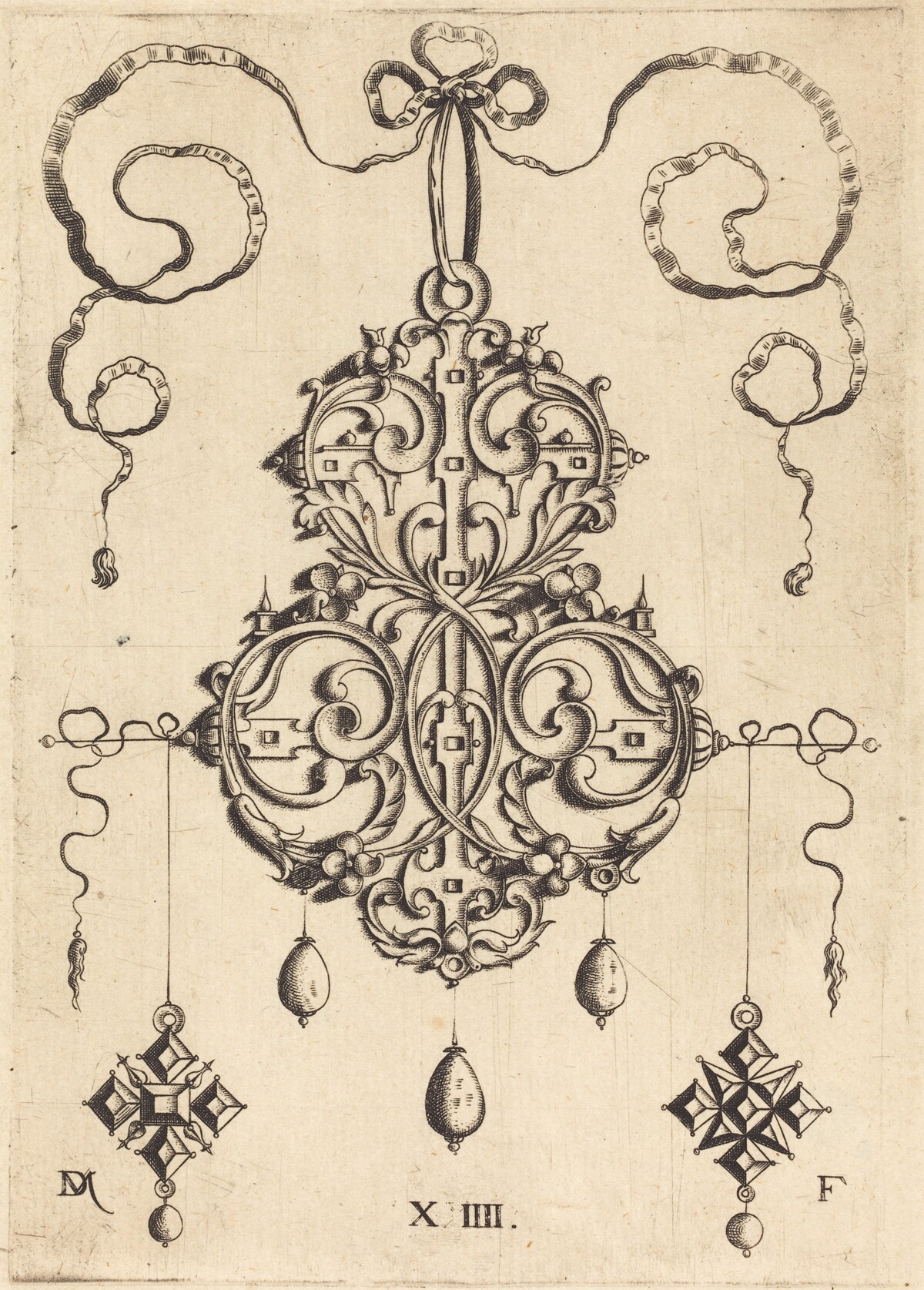Strapwork Pendant with Three Drops and Two Cross-Shaped Pendants as Earrings at Left and Right by Daniel Mignot