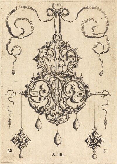 Strapwork Pendant with Three Drops and Two Cross-Shaped Pendants as Earrings at Left and Right