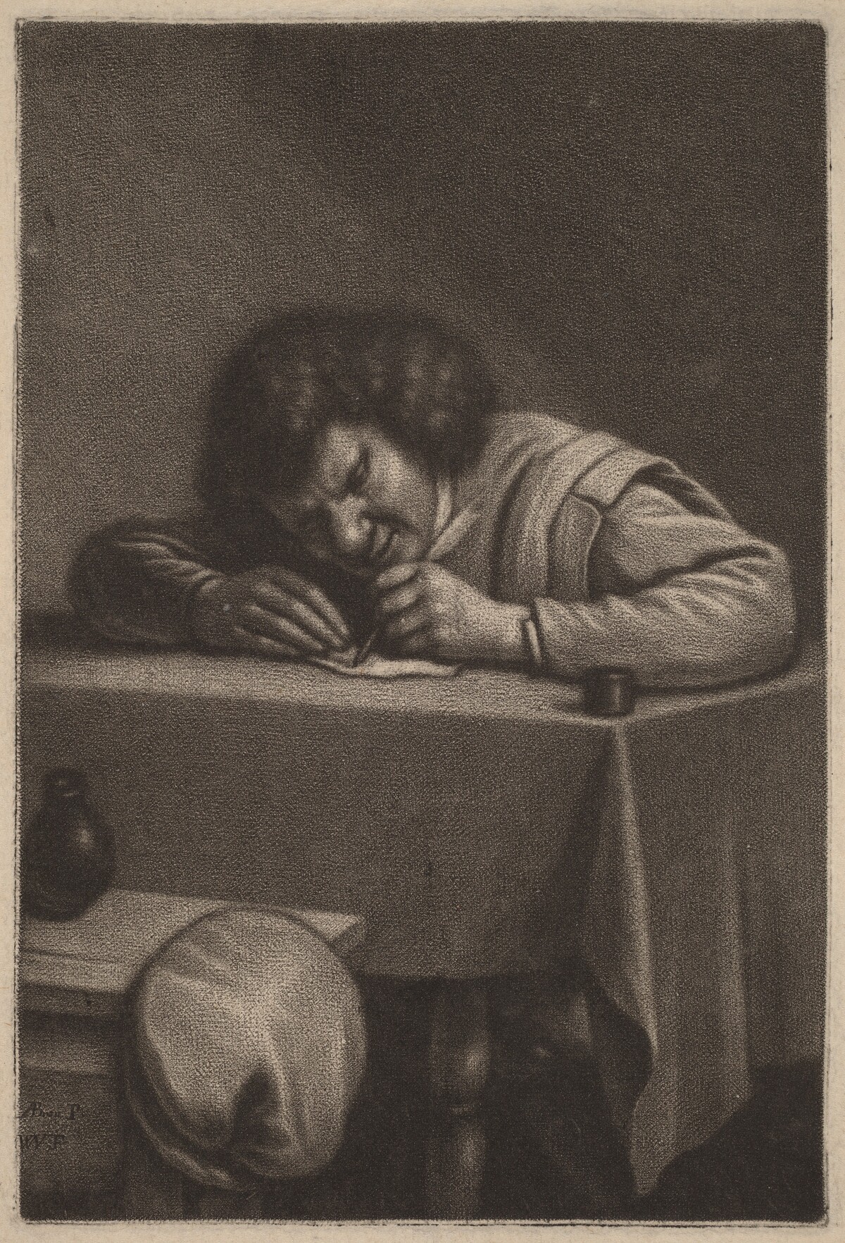 A Man Writing at a Table by Wallerant Vaillant after Adriaen Brouwer