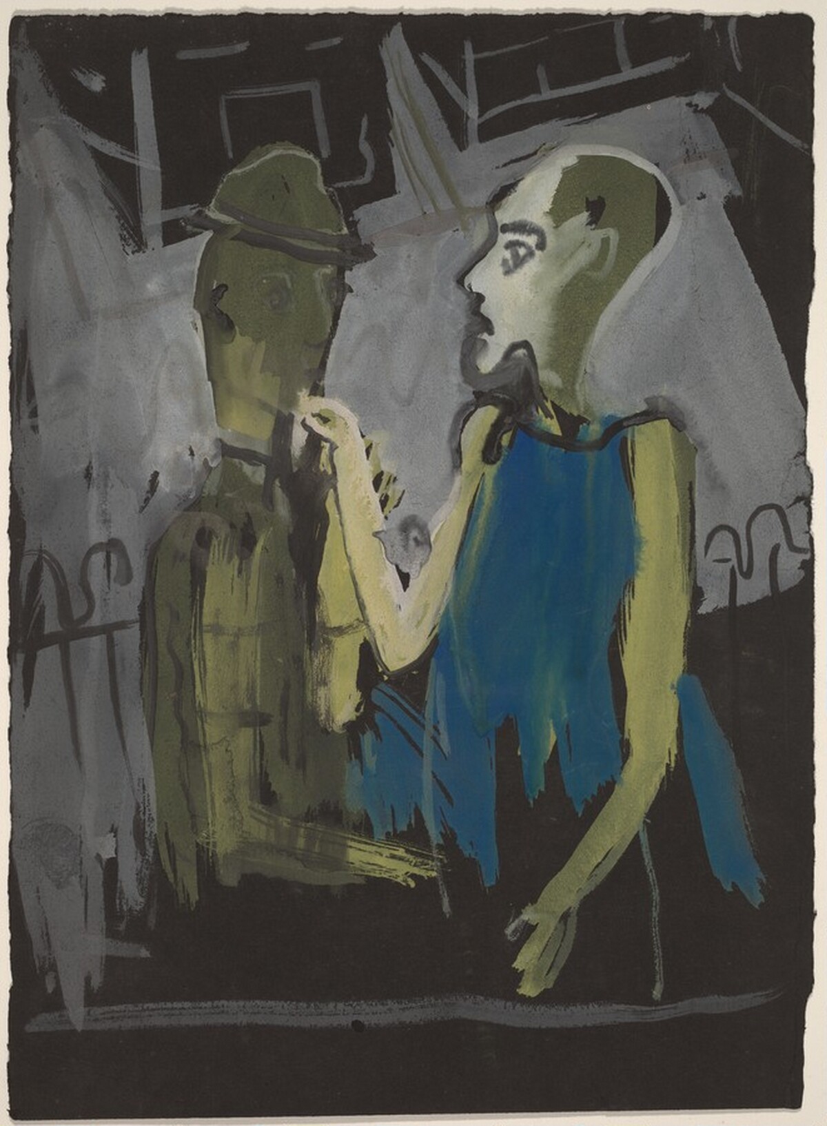 Two Figures Standing Near a Fence at Night by Mark Rothko