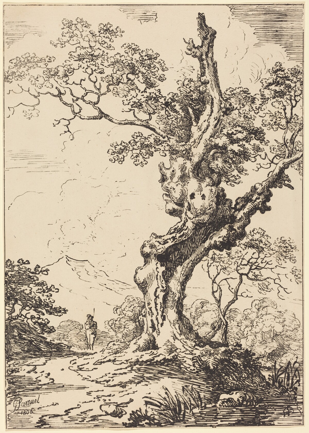 Study of an Old Oak Tree, Water on Right, a Man on Left by George Samuel