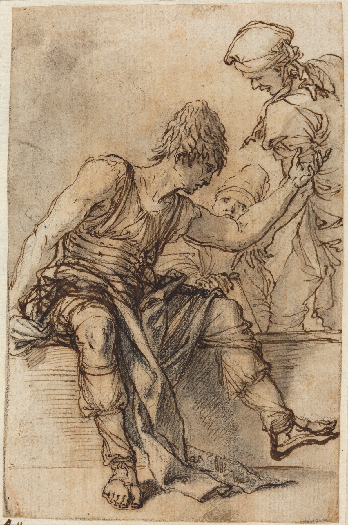 Youth Sitting on a Wall in Conversation with Two Men by Salvator Rosa