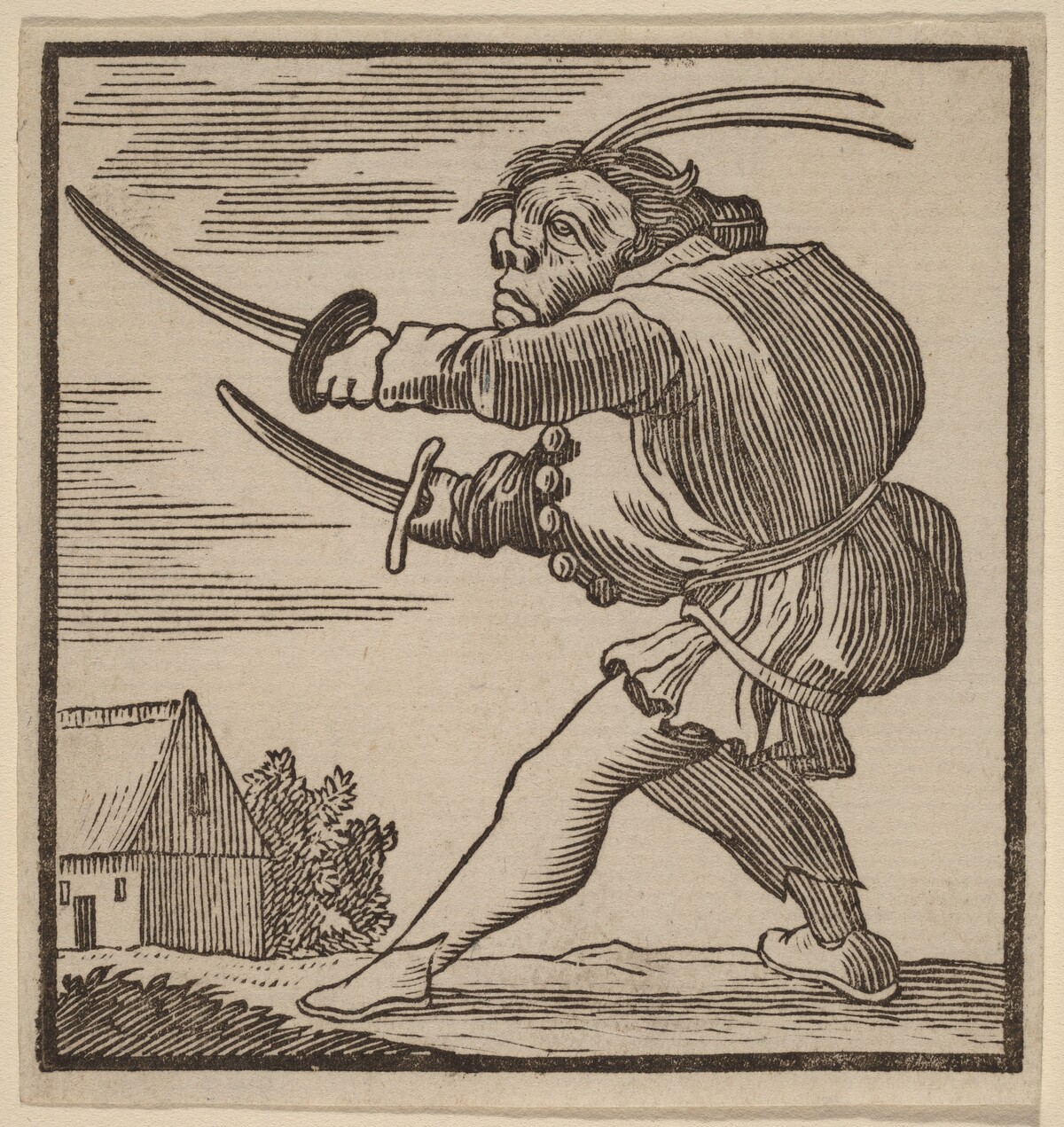 Hunchback Brandishing Two Swords by H. Numan after Jacques Callot
