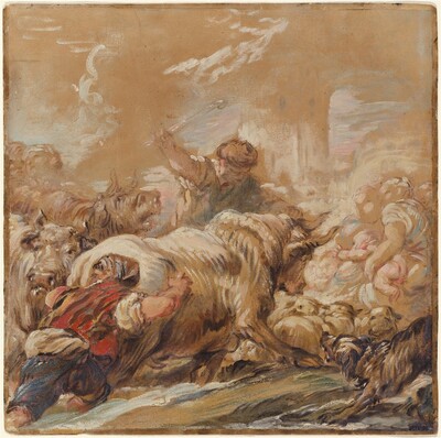 Herdsmen Driving Cattle across a Stream