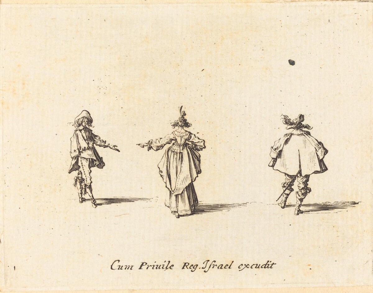 Lady with Outstretched Arm, Seen from Behind, and Two Gentlemen by Jacques Callot