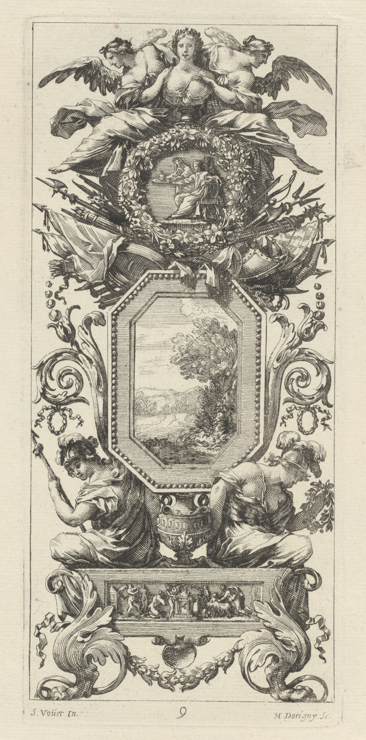 Ornamental Panel Surmounted with Two Figures Leaning on the Bust of a Woman by Michel Dorigny, after Simon Vouet