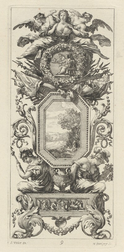 Ornamental Panel Surmounted with Two Figures Leaning on the Bust of a Woman