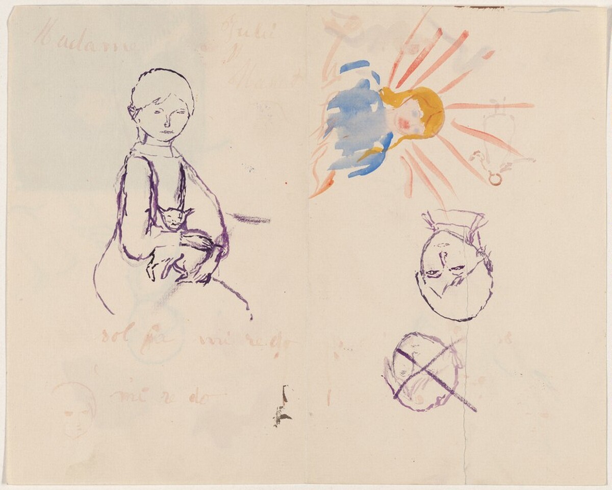 Copy of "Julie Manet Holding a Cat" by Auguste Renoir and Other Sketches (recto); Self-Portrait (?) Playing the Piano (verso) by Julie Manet