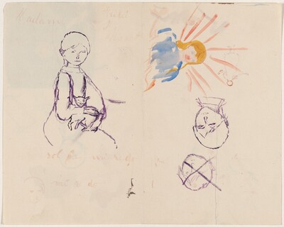 Copy of "Julie Manet Holding a Cat" by Auguste Renoir and Other Sketches (recto); Self-Portrait (?) Playing the Piano (verso)
