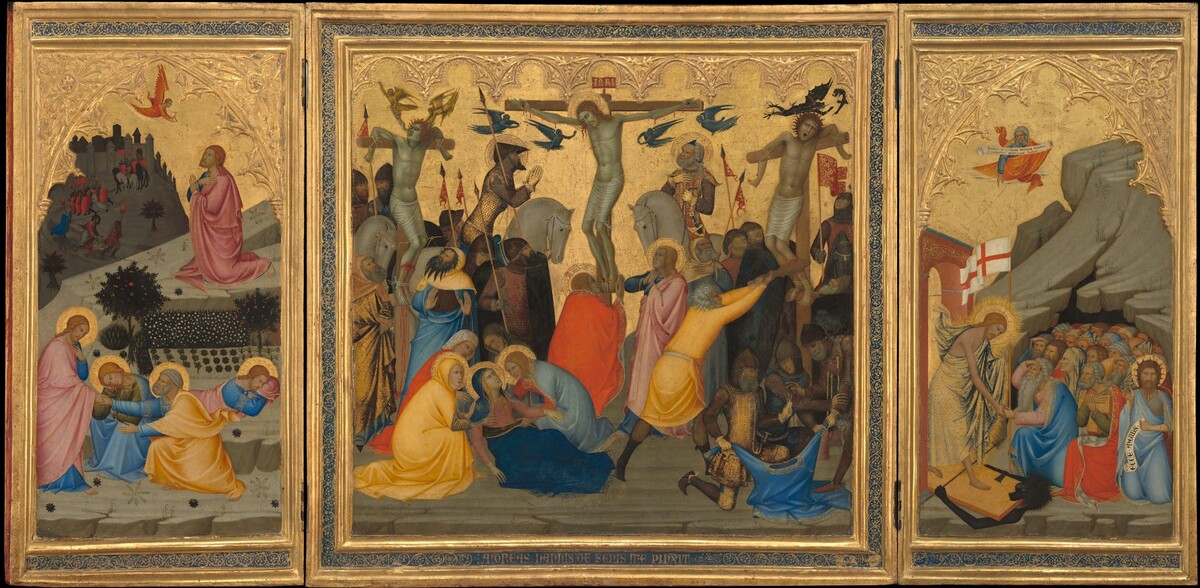 Scenes from the Passion of Christ: The Agony in the Garden, the Crucifixion, and the Descent into Limbo [entire triptych] by Andrea Vanni