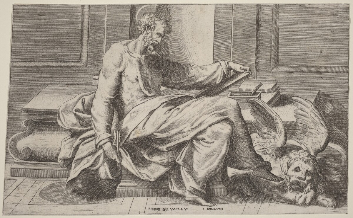Saint Mark Writing His Gospels by Giulio Bonasone after Perino del Vaga