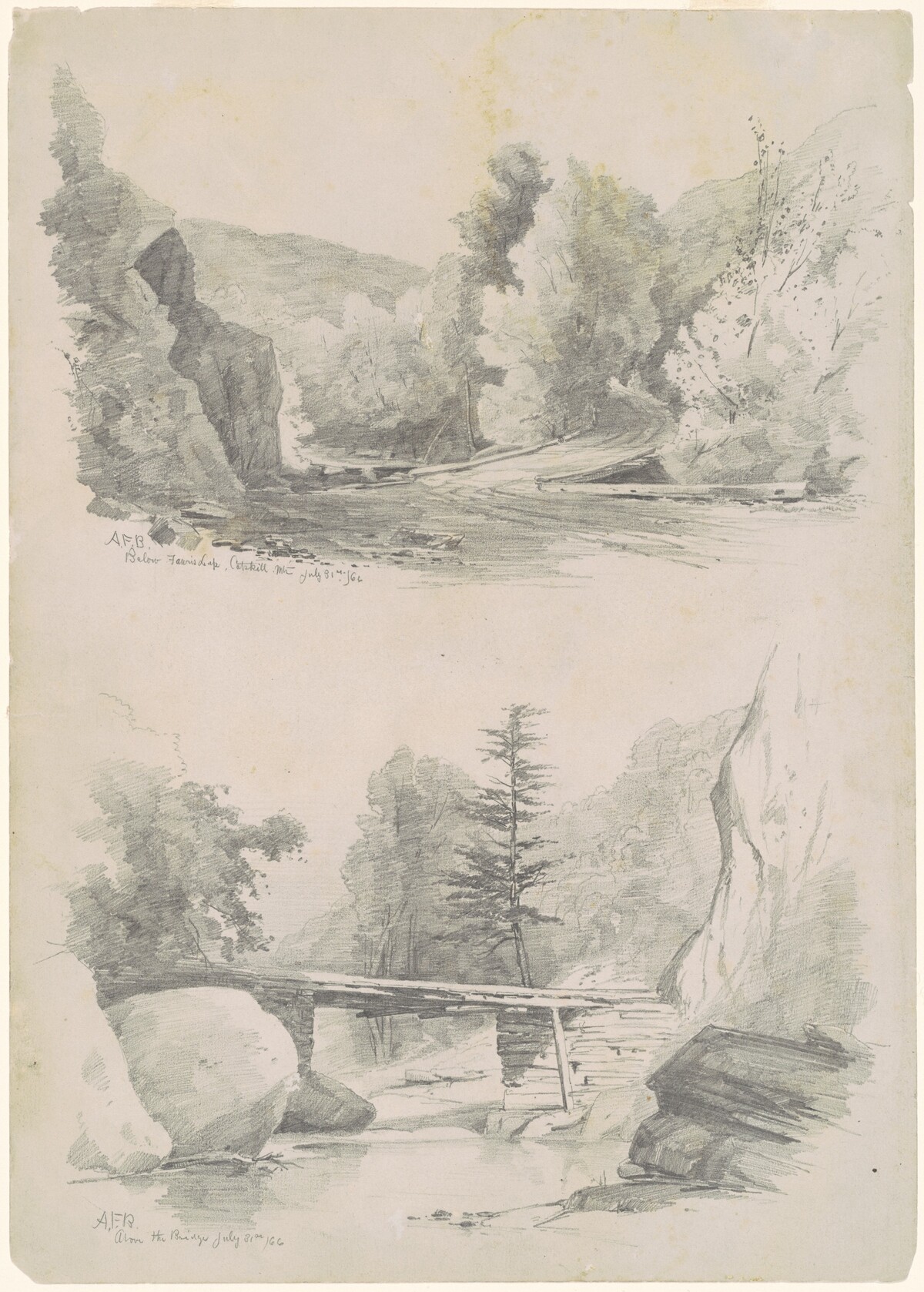 Below Fawn's Leap, Catskill Mountains; and Above the Bridge by Andrew Fisher Bunner