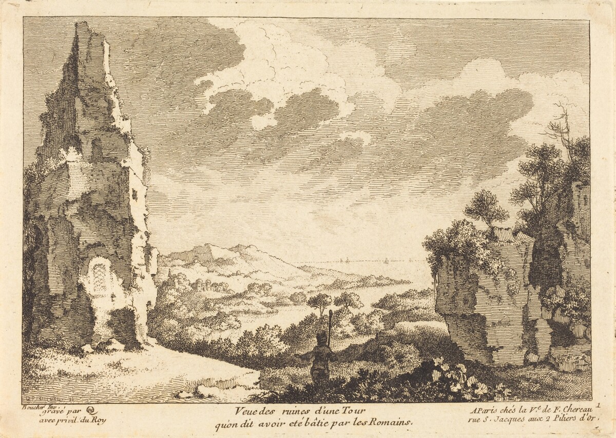 Veue des ruines d'une Tour qu'on dit avoir ete batie par les Romains by Quentin-Pierre Chedel after François Boucher