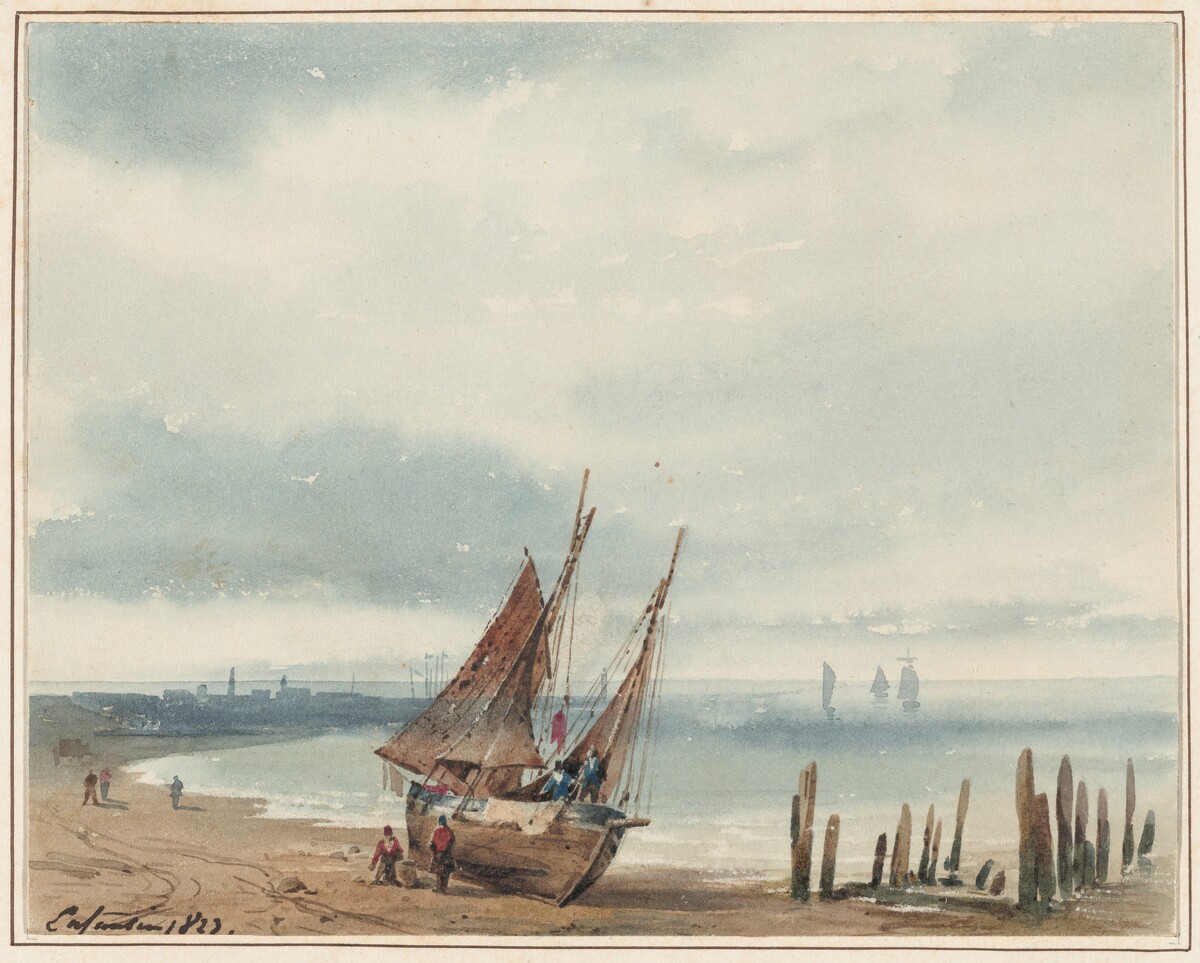 Coastal View in Normandy, with a Beached Boat by Augustin Enfantin