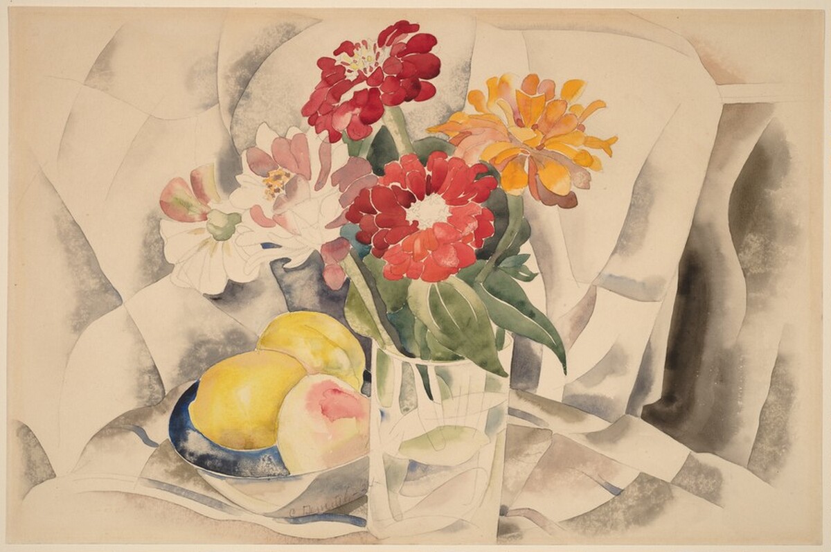 Zinnias and a Blue Dish with Lemons by Charles Demuth