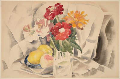 Zinnias and a Blue Dish with Lemons
