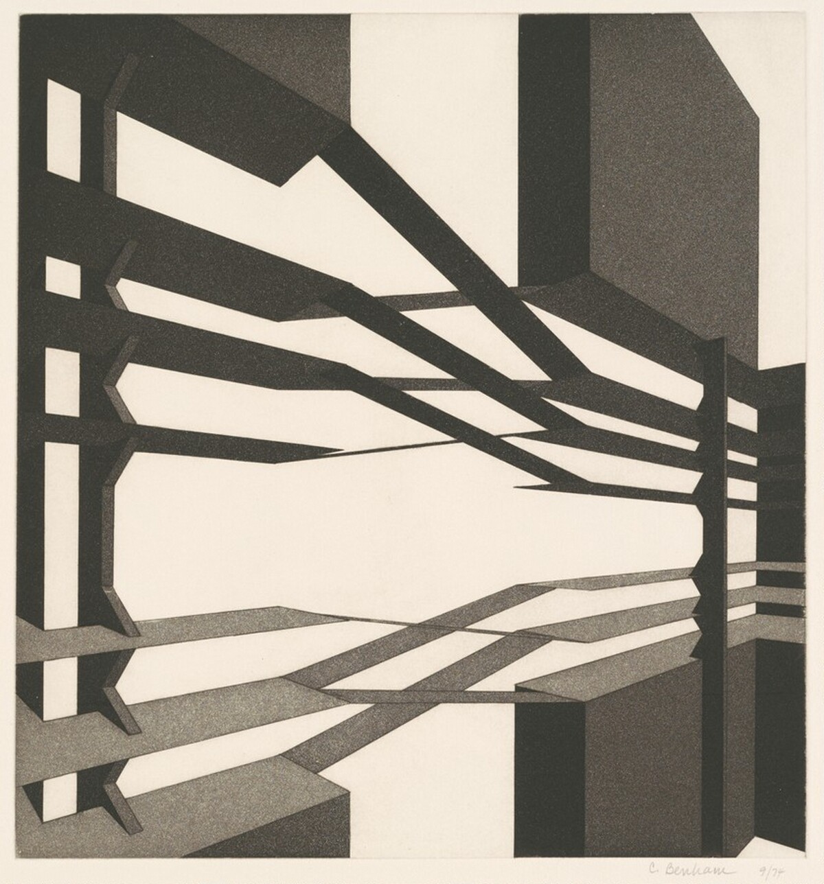 (Vertical forms at left and right with criss-cross diagonal beams at center) by Connie Benham