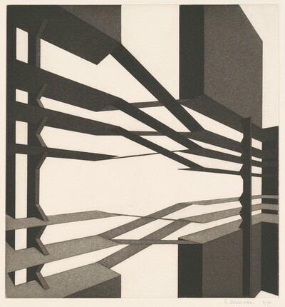 (Vertical forms at left and right with criss-cross diagonal beams at center)