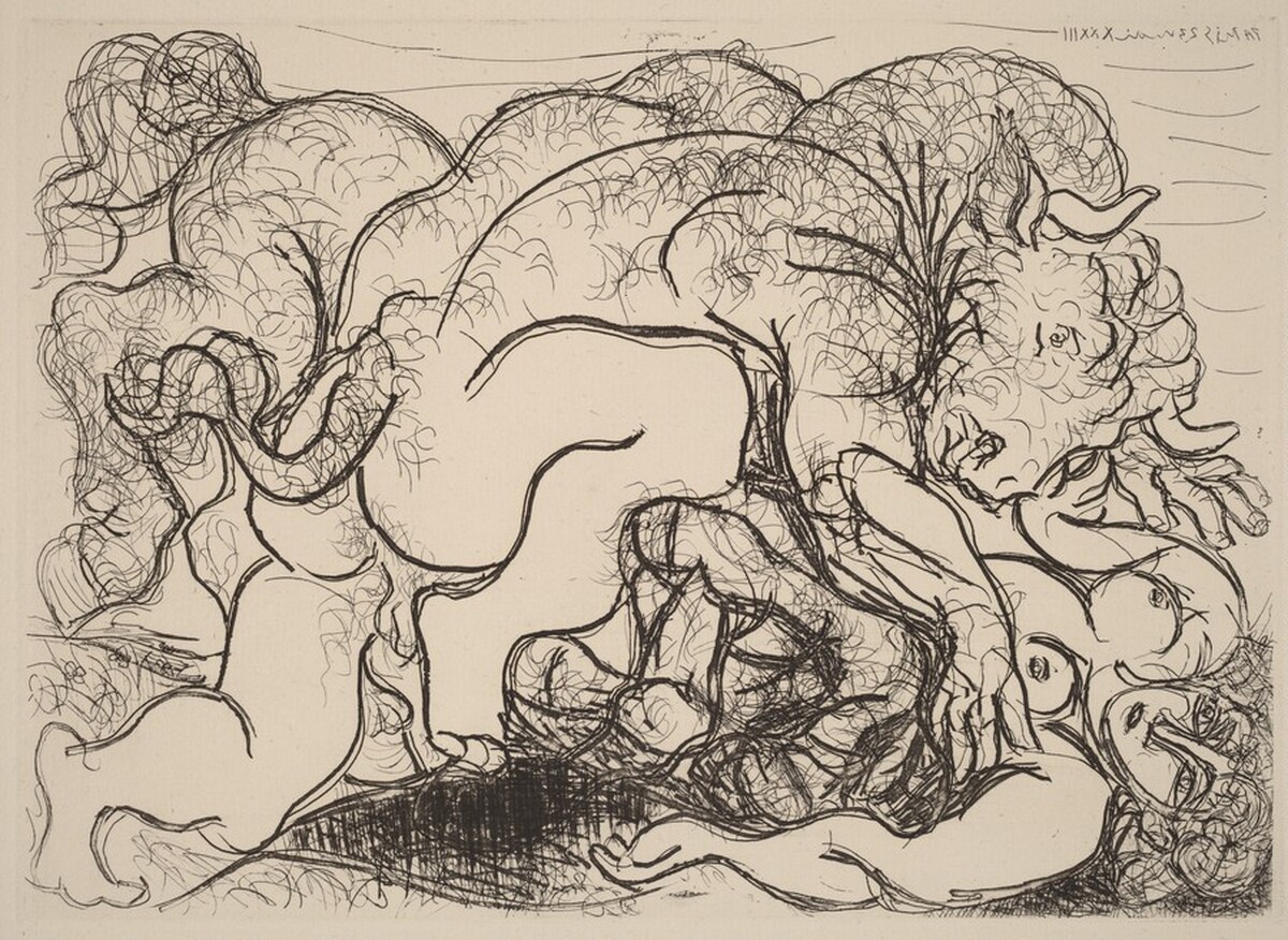 Minotaur Loving a Female Centaur (Minotaure amoureux d'une femme-centaure) by Pablo Picasso