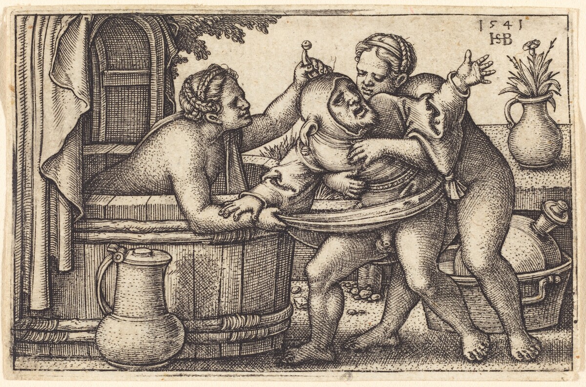 Fool and Two Bathing Women by Sebald Beham