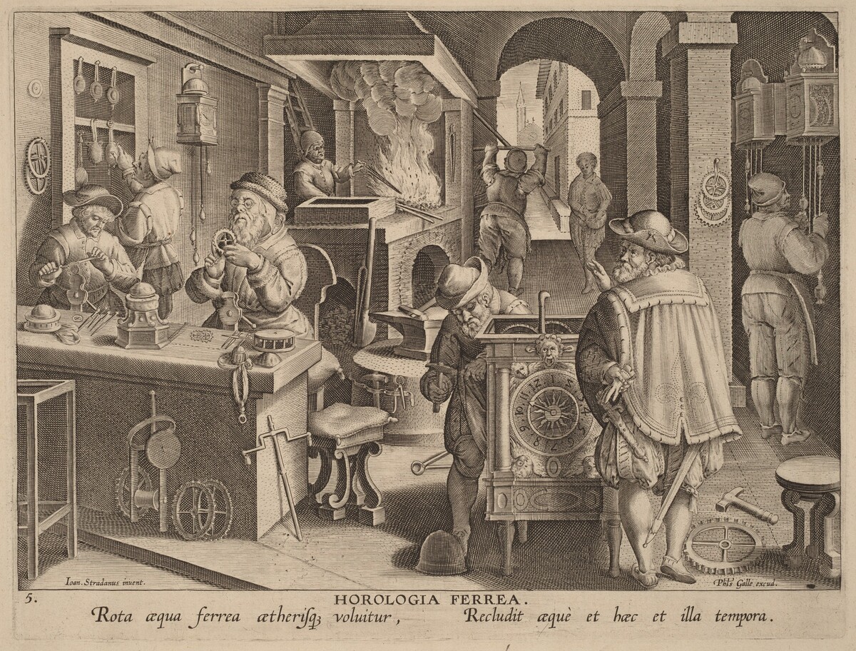 Horologia Ferrea (Iron Clocks) by Workshop of Philip Galle after Jan van der Straet